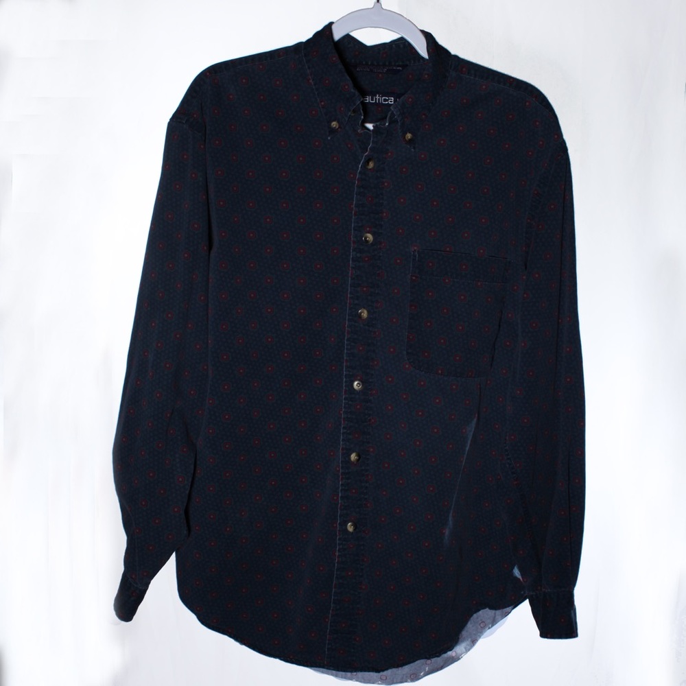 Vintage Nautica Blue Green Button Down Shirt Men's L Circular Cross Patterns.